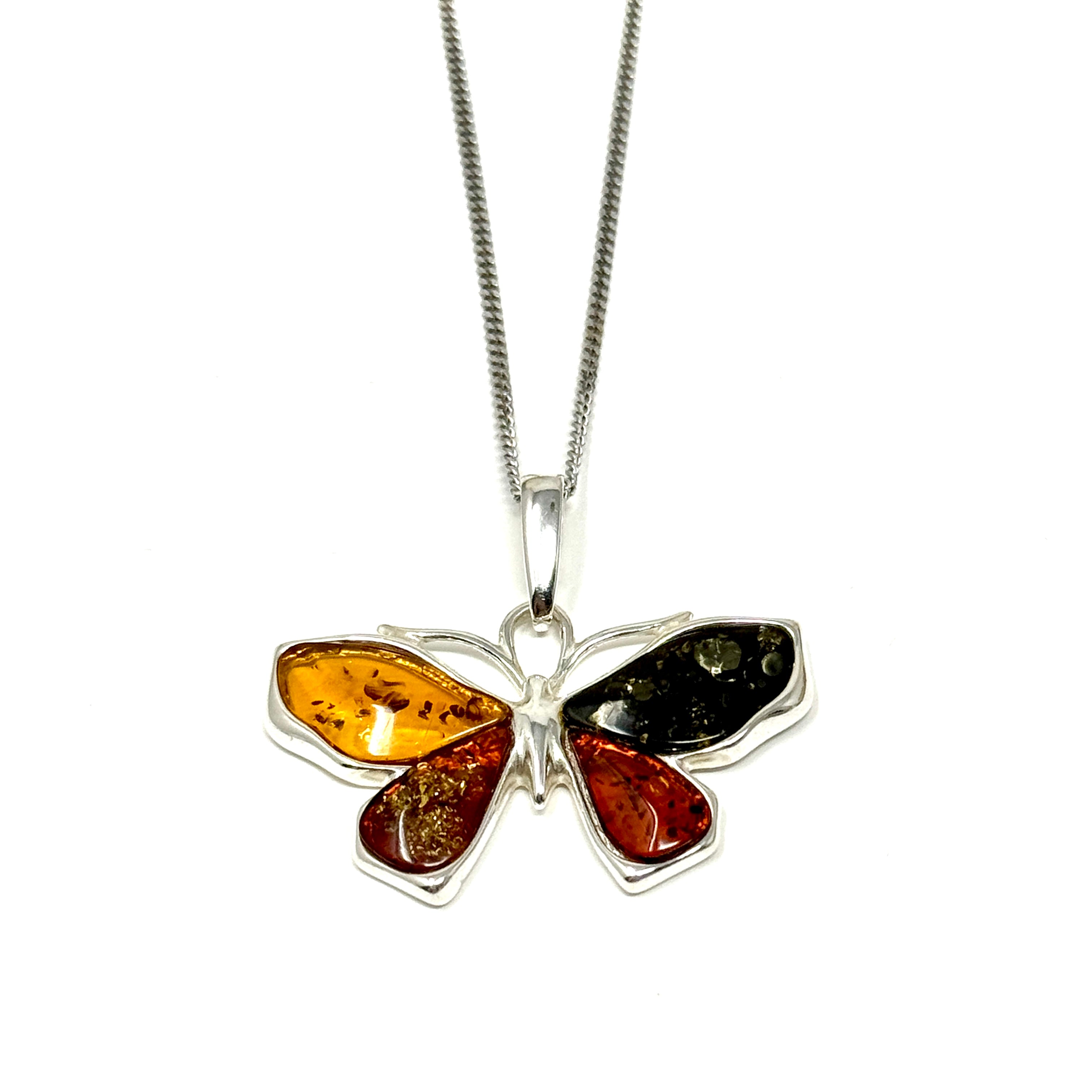 Filigraner Schmetterling-Anhänger aus 925er Silber mit echten Bernsteinen in Grün- und Cognactönen – ca. 17x20mm